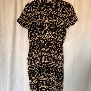 Maggy London Black and Cream Shirt Dress Knee-Length Button 100% Silk Dress